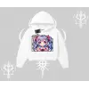 Kapşonlu Crop Sweatshirt Hello Anime Kız Sevimli Karakter Baskılı