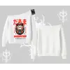 Kayık Yaka Sweatshirt Daruma Kedi Anime Baskılı