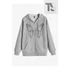 Kelebek Tasarım Sweatshirt Fermuarlı Hırka Gri