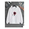 Lip Print Kangaroo Pocket Drawstring Hoodie Beyaz