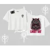 Lucky Cat Japon Tarzı Kedi Baskılı Oversize Crop Tshirt