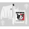 Modern Kedi Temalı Arka Baskılı Kayık Yaka Sweatshirt