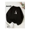 Panda Renkli Oversize Bisiklet Yaka Pamuklu Sweatshirt Siyah