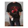 Red Cherries Baskılı Oversize Unisex Tshirt Siyah