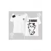 Sevimli Kedi Çizimli Arka Baskılı Kayık Yaka Tshirt