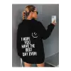 Siyah Happy Baskılı Oversize Kapüşonlu Sweatshirt