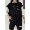 Siyah Oversize Çift Renk BRON TU BE Baskılı Unisex Tshirt