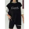 Siyah Oversize Çift Renk HAPPY Baskılı Unisex Tshirt