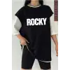 Siyah Oversize Çift Renk ROCKY  Baskılı Unisex Tshirt
