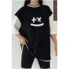 Siyah Oversize Çift Renk SMİLE  Baskılı Unisex Tshirt