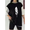 Siyah Oversize Çift Renk TÜY  Baskılı Unisex Tshirt