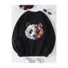 Siyah Oversize Panda Baskılı Pamuklu 0 Yaka Kapşonsuz Unisex Sweatshirt