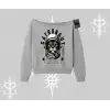 Stay Cool Kedi Baskılı Kayık Yaka Sweatshirt