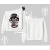 Stay Curious Kedi Baskılı Kayık Yaka Sweatshirt
