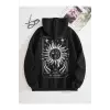 Sun & Moon Print Zip Up Drawstring Lined Hoodie Siyah