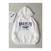 Unisex Beyaz Brooklyn Baskılı Kapüşonlu Sweatshirt