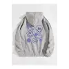 Unisex Kapüşonlu Radiate Baskılı Oversize Kapüşonlu Sweatshirt Gri