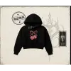 Unisex Kiraz Kurdele Tram Kadın Crop Kapşonlu Sweatshirt Beyaz