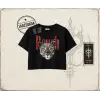 Unisex Rough Leopar Kadın Crop Tişört Beyaz