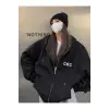 Unisex Siyah CEC Baskılı Oversize Kapüşonlu Hırka