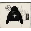 Unisex Siyah Ghosting Kadın Crop Kapşonlu Sweatshirt Beyaz