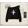 Unisex Siyah Ghosting Kadın Kayık Yaka Sweatshirt Beyaz