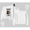 Wanted Temalı Kedi Baskılı Kayık Yaka Sweatshirt