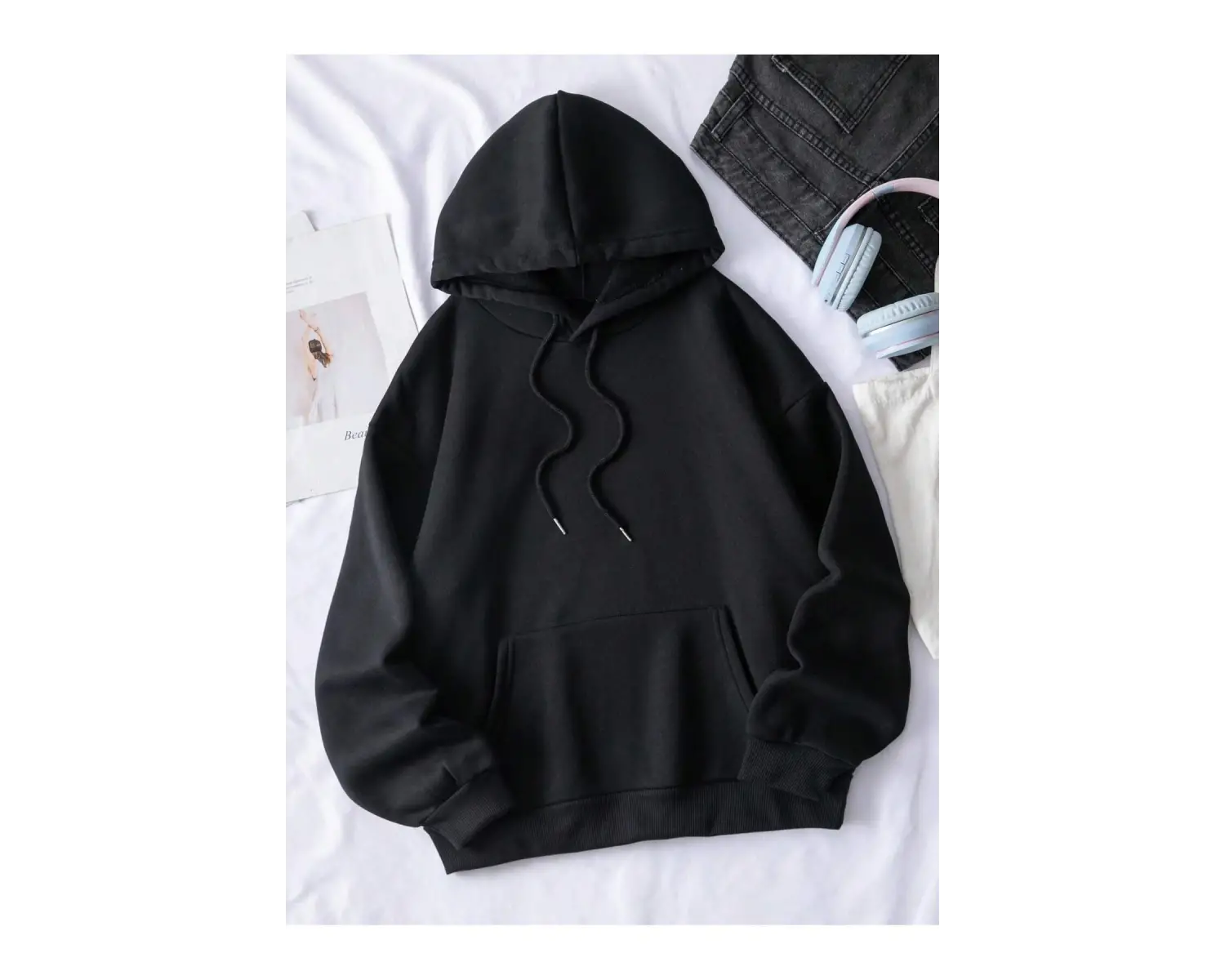 . Essnce Butterfly Print Kangaroo Pocket Drawstring Lined Hoodie Siyah