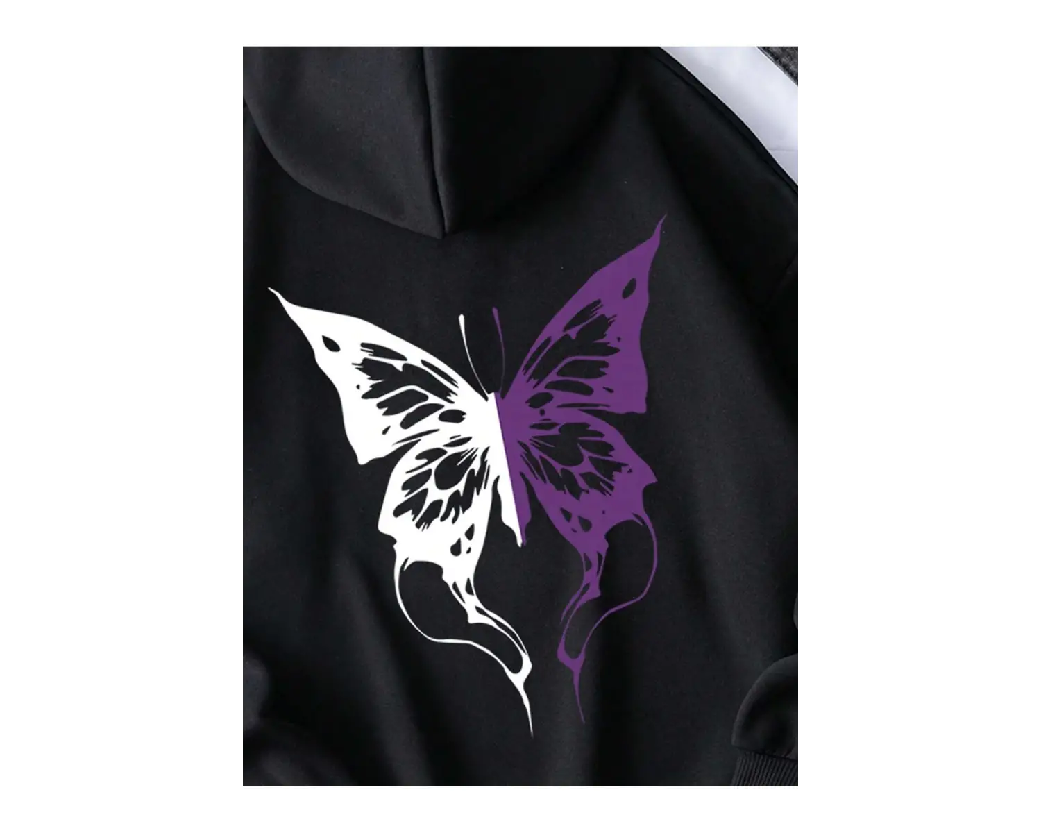 . Essnce Butterfly Print Kangaroo Pocket Drawstring Lined Hoodie Siyah