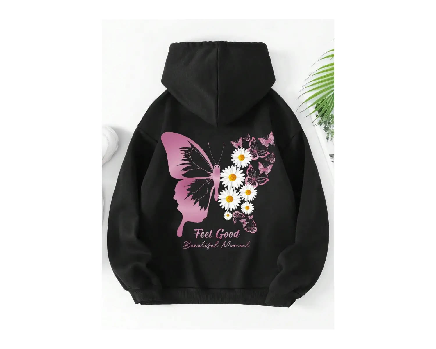 . Essnce Floral & Butterfly Print Kangaroo Pocket Drawstring Hoodie Siyah