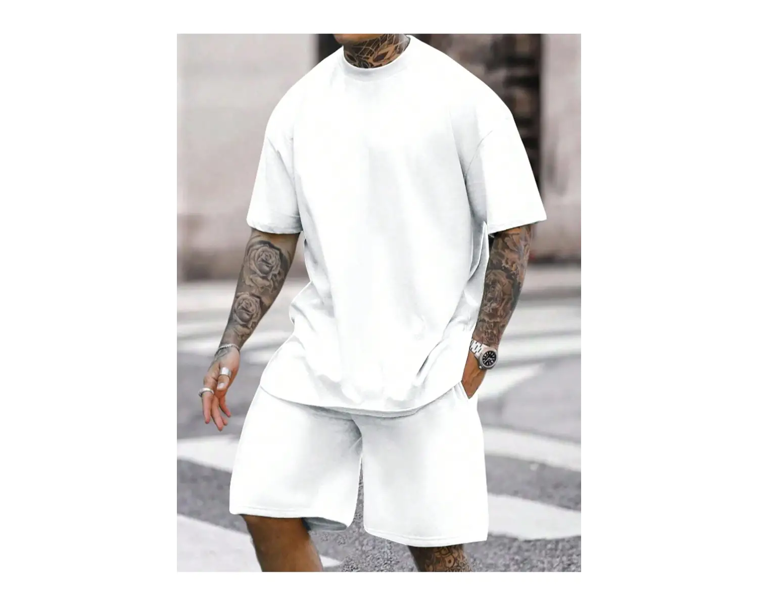 2 adet/takım Erkek Yaz Rahat Spor Düz Renk Mürettebat Tişört ve Şort Takımı