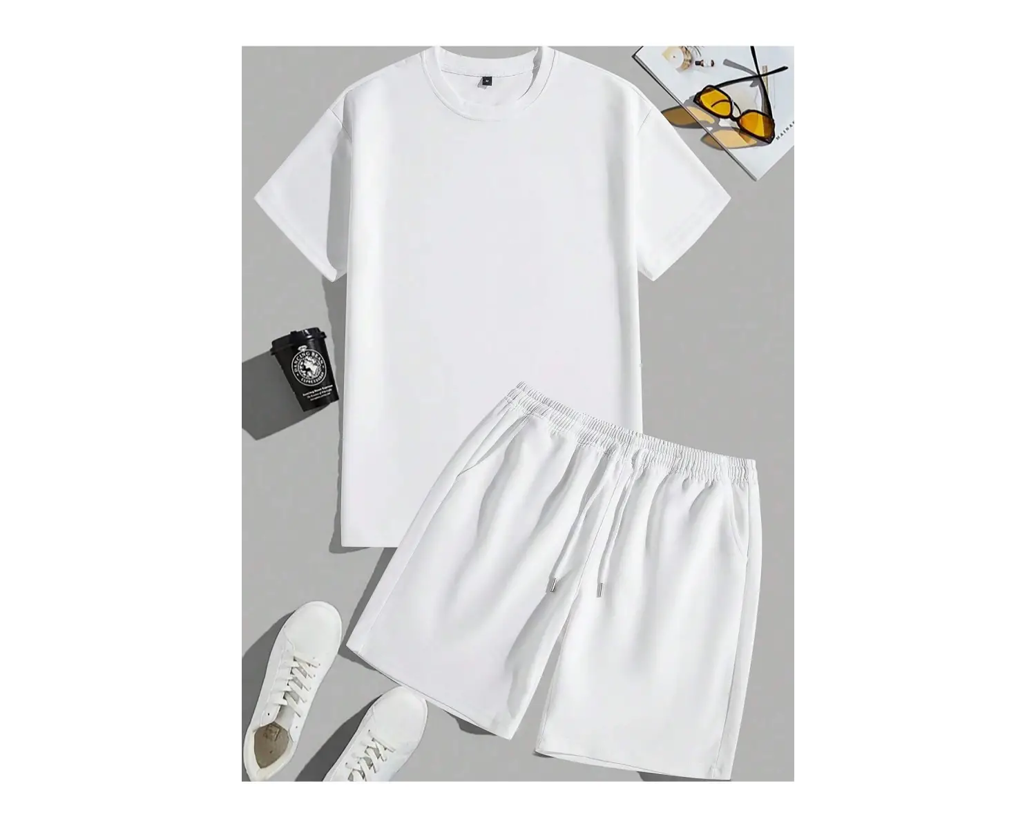 2 adet/takım Erkek Yaz Rahat Spor Düz Renk Mürettebat Tişört ve Şort Takımı