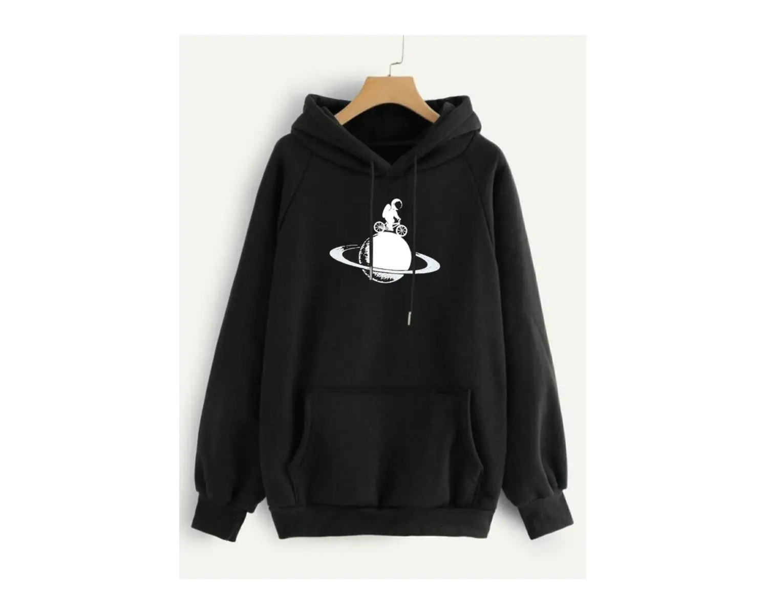 2 Iplik Iç Pamuklu Tam Kalıp Baskılı Hoodie Siyah