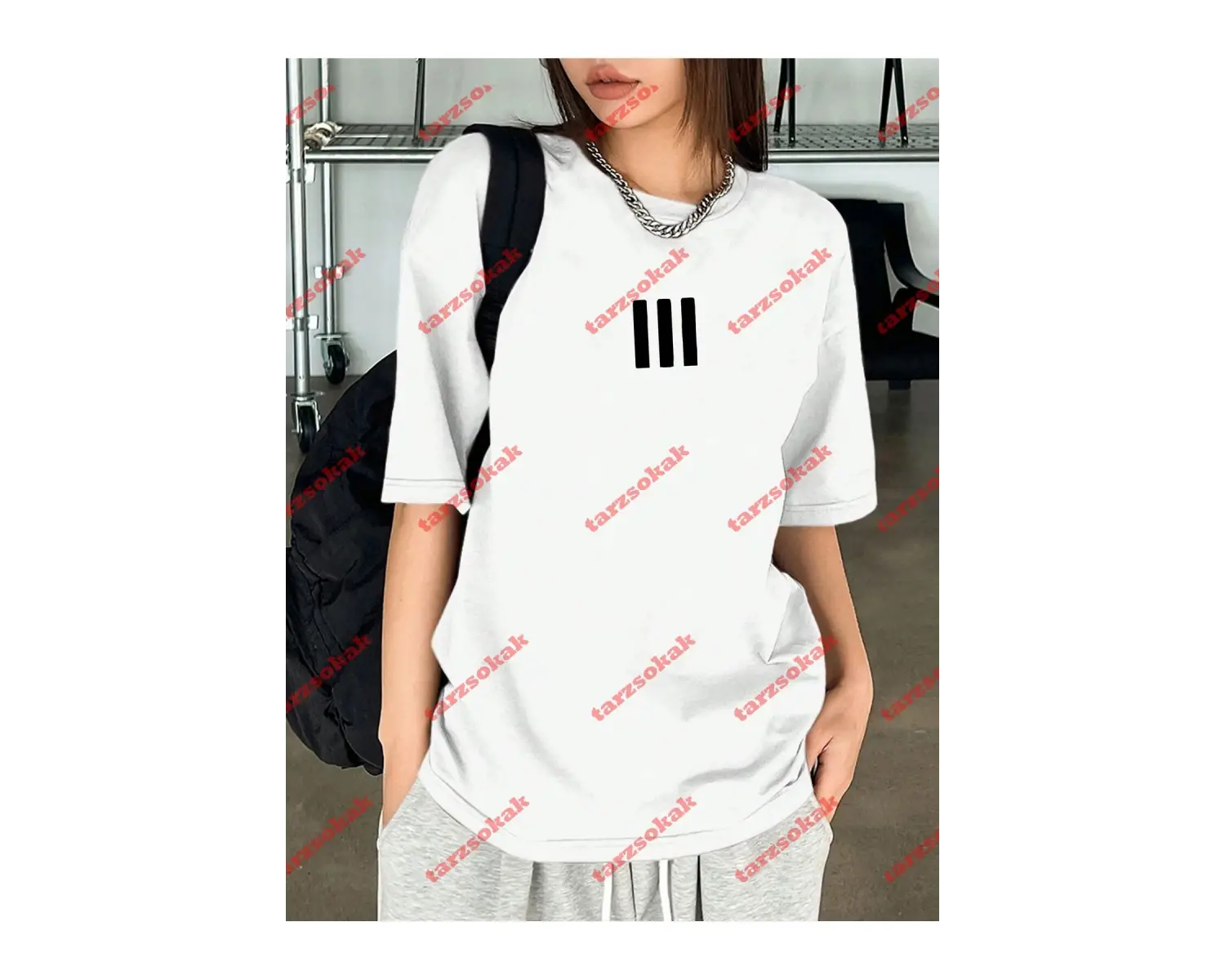 3 Çizgi Baskılı Beyaz Erkek Tshirt Beyaz