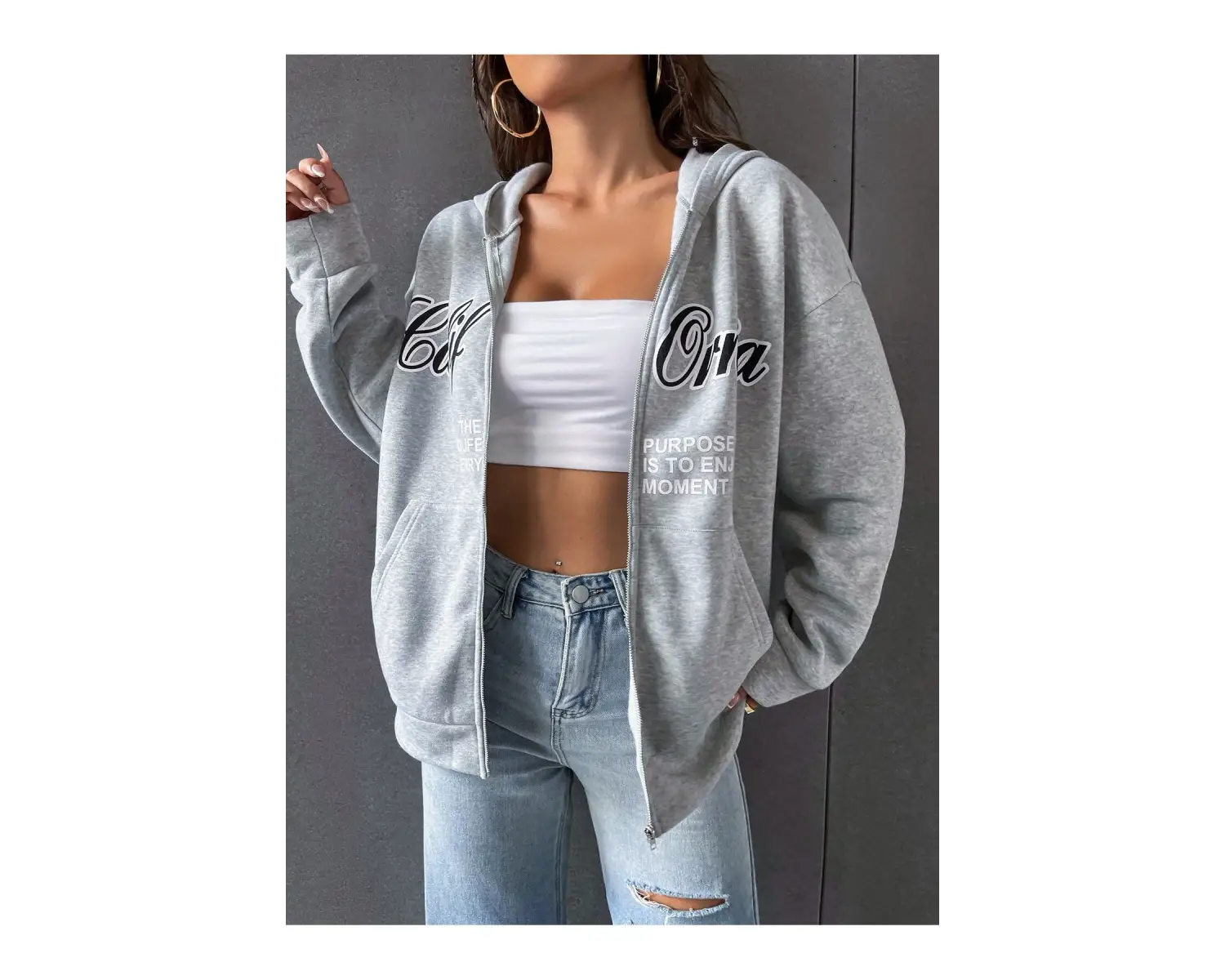 3 Iplik Şardonlu Fermuarlı Kapüşonlu Sweatshirt Gri 3 Lü Kombin