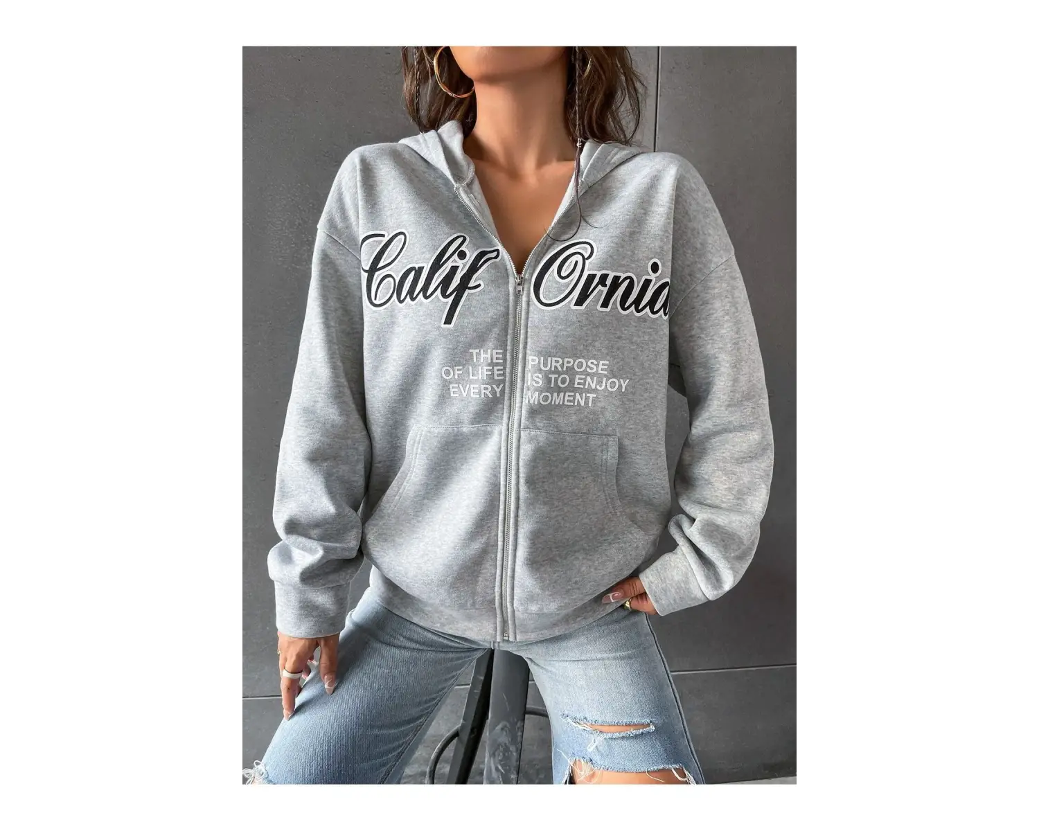 3 Iplik Şardonlu Fermuarlı Kapüşonlu Sweatshirt Gri 3 Lü Kombin