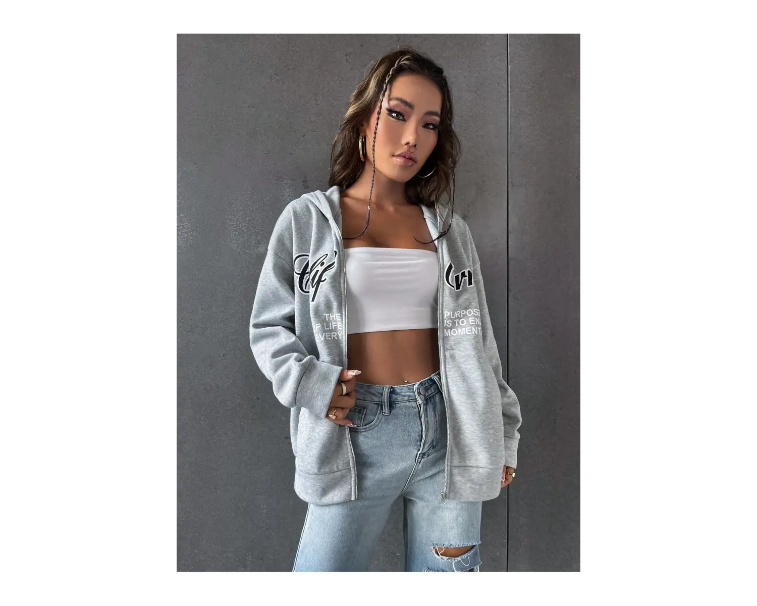 3 Iplik Şardonlu Fermuarlı Kapüşonlu Sweatshirt Gri 3 Lü Kombin