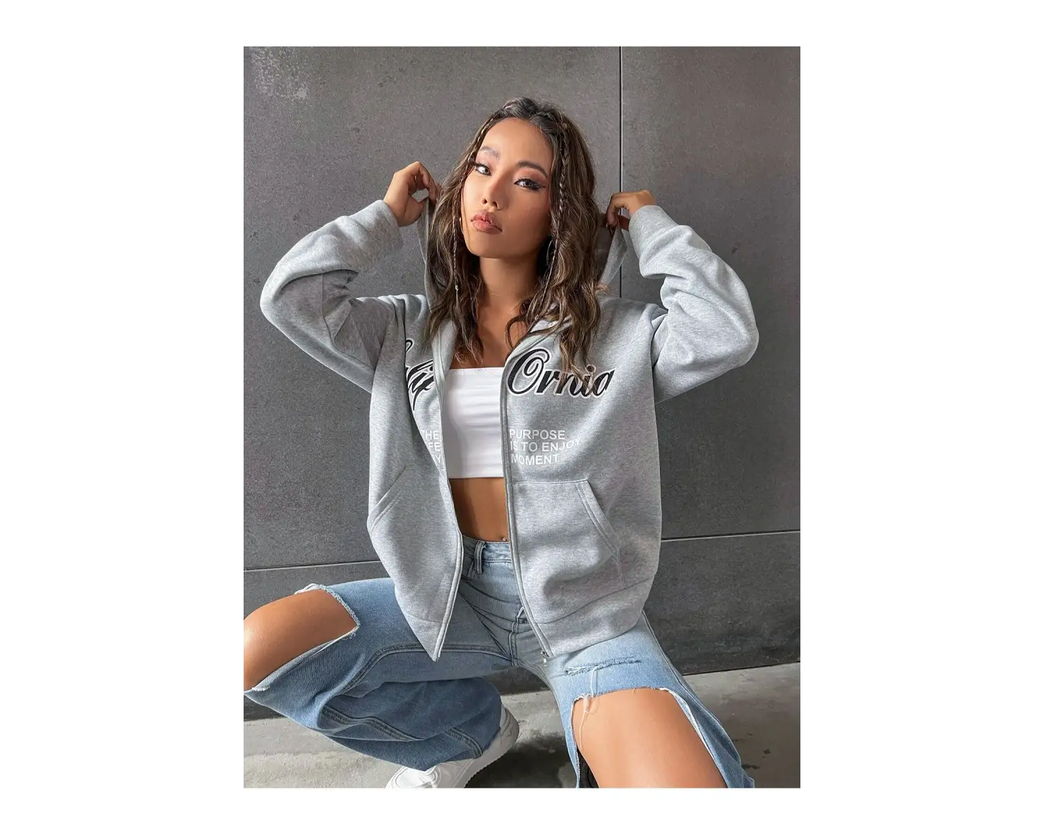 3 Iplik Şardonlu Fermuarlı Kapüşonlu Sweatshirt Gri 3 Lü Kombin