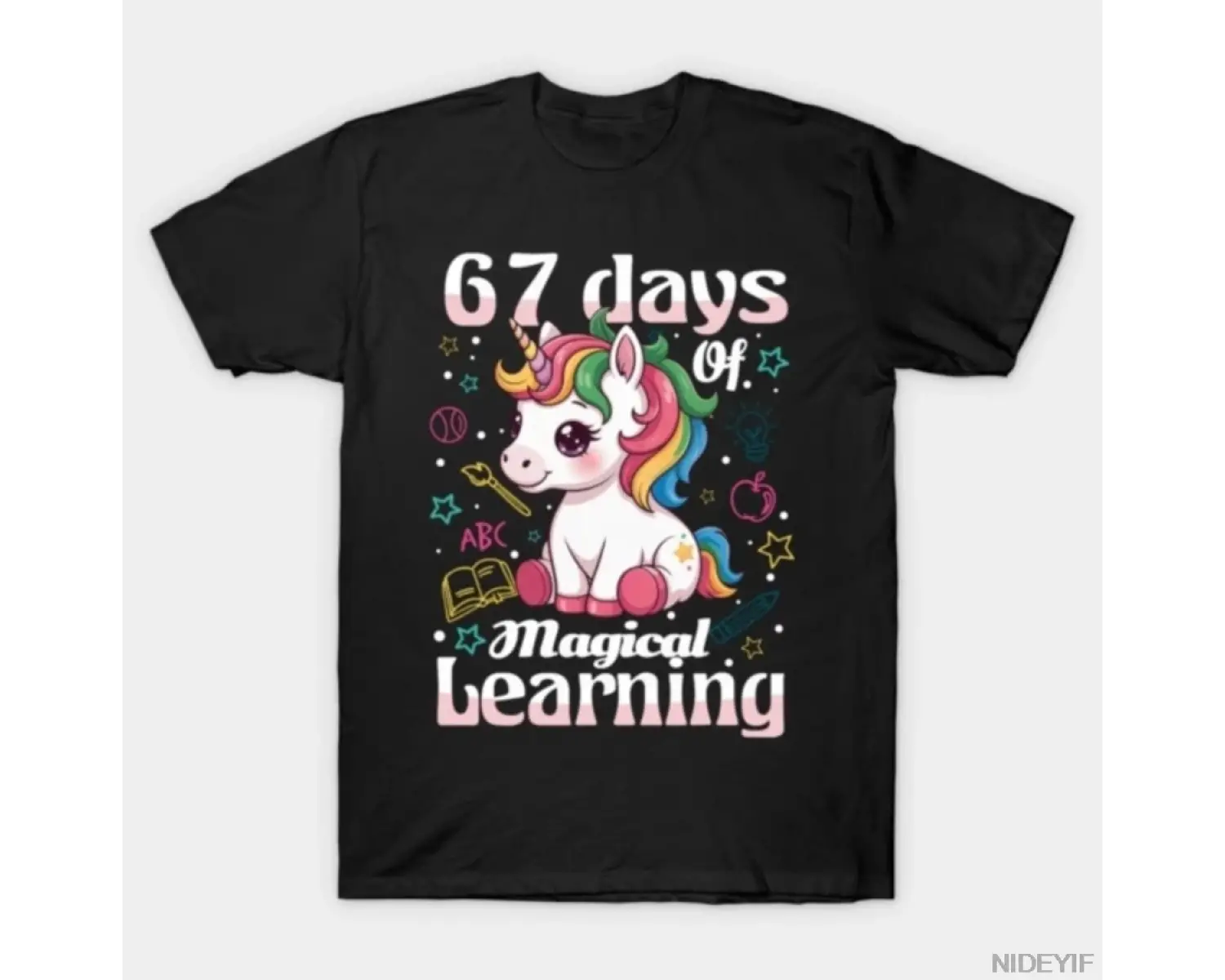 67. Okul Günü Unicorn Kızlar 67 Gün Okul Erkekler Kadınlar İçin Tişört %100 Pamuklu Tişörtler