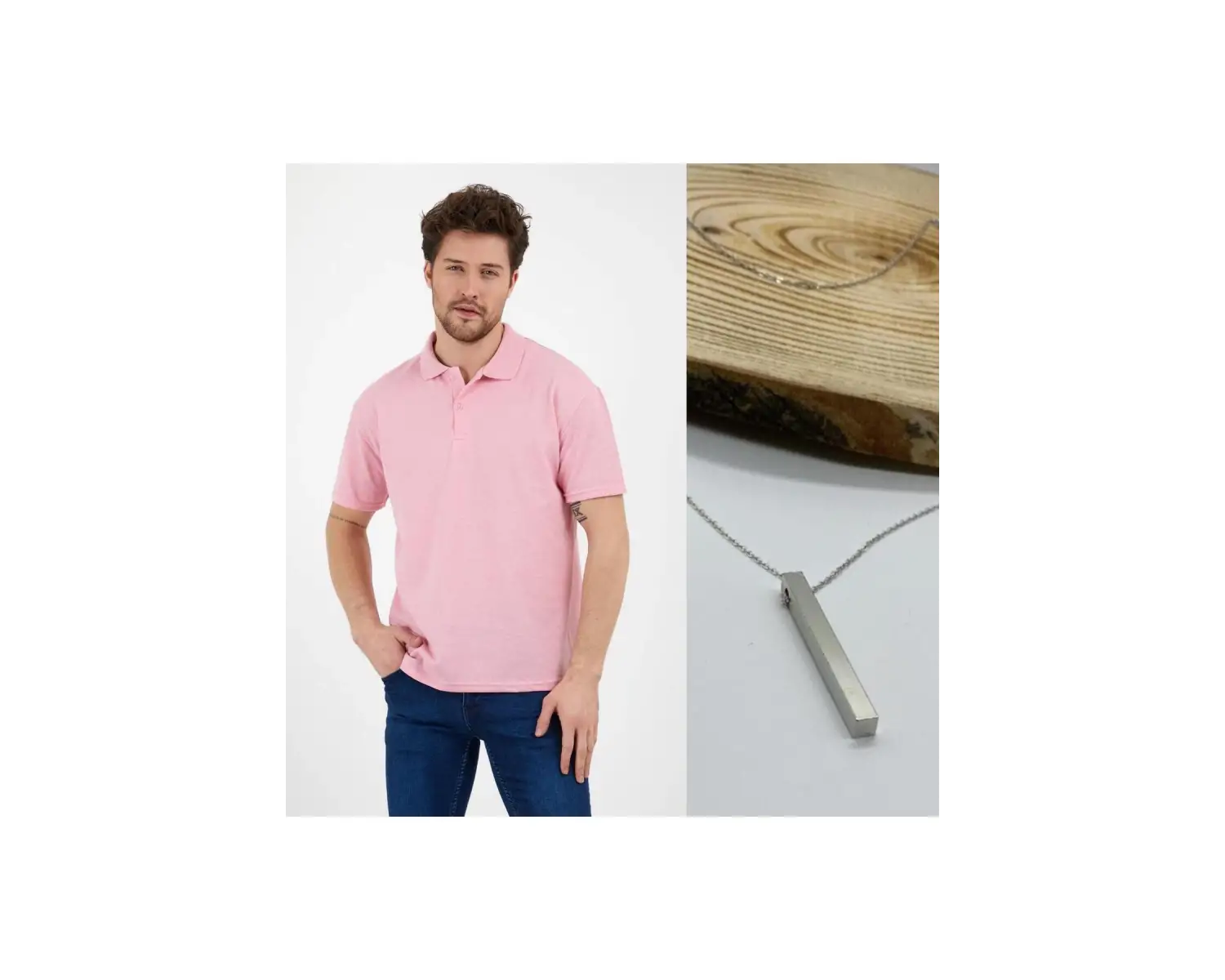 Pembe Dar/slim Fitt Polo Yaka Tshirt Ve Kolye