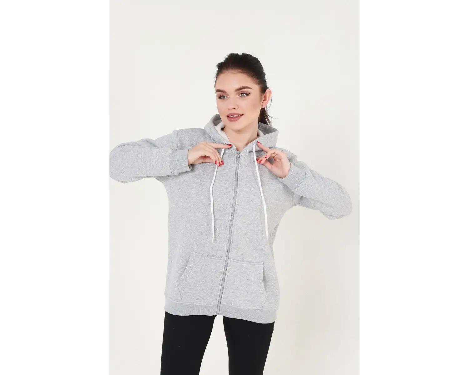 Gri Kapüşonlu Fermuarlı Sweatshirt