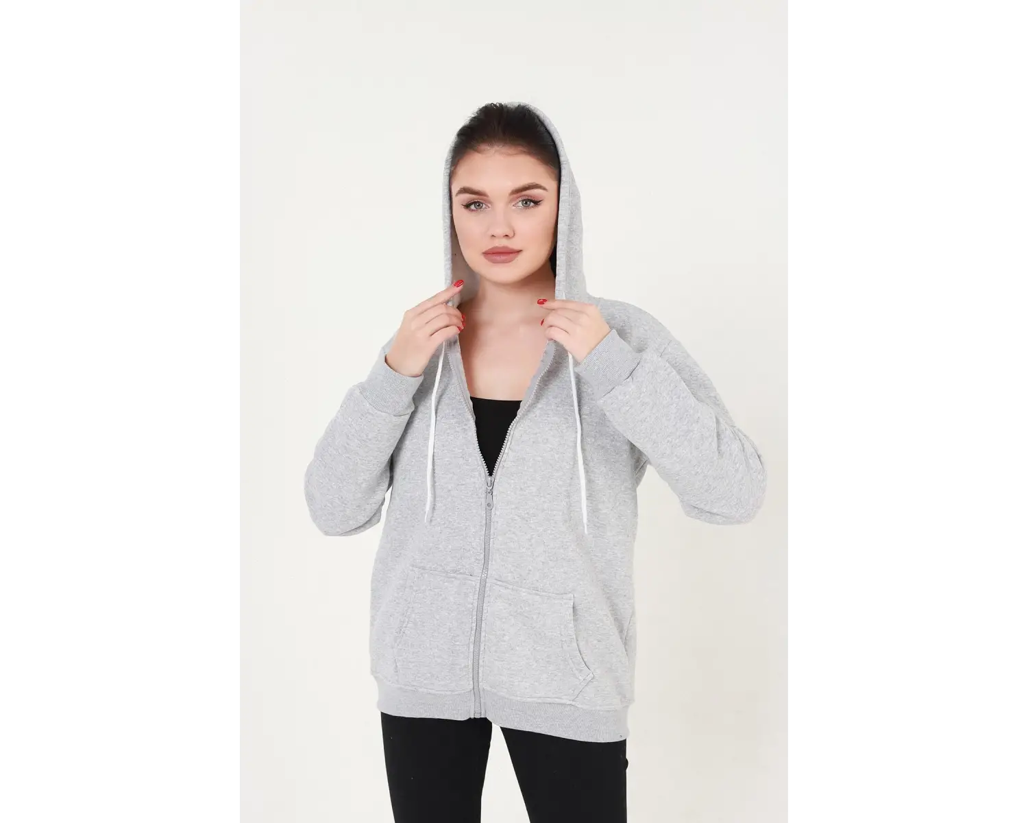 Gri Kapüşonlu Fermuarlı Sweatshirt