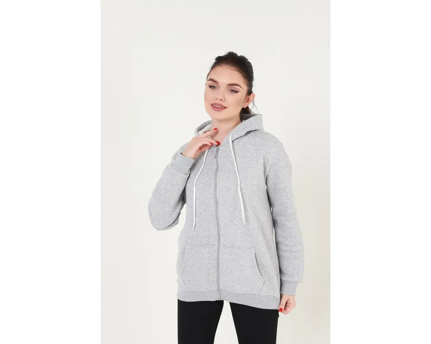 Gri Kapüşonlu Fermuarlı Sweatshirt