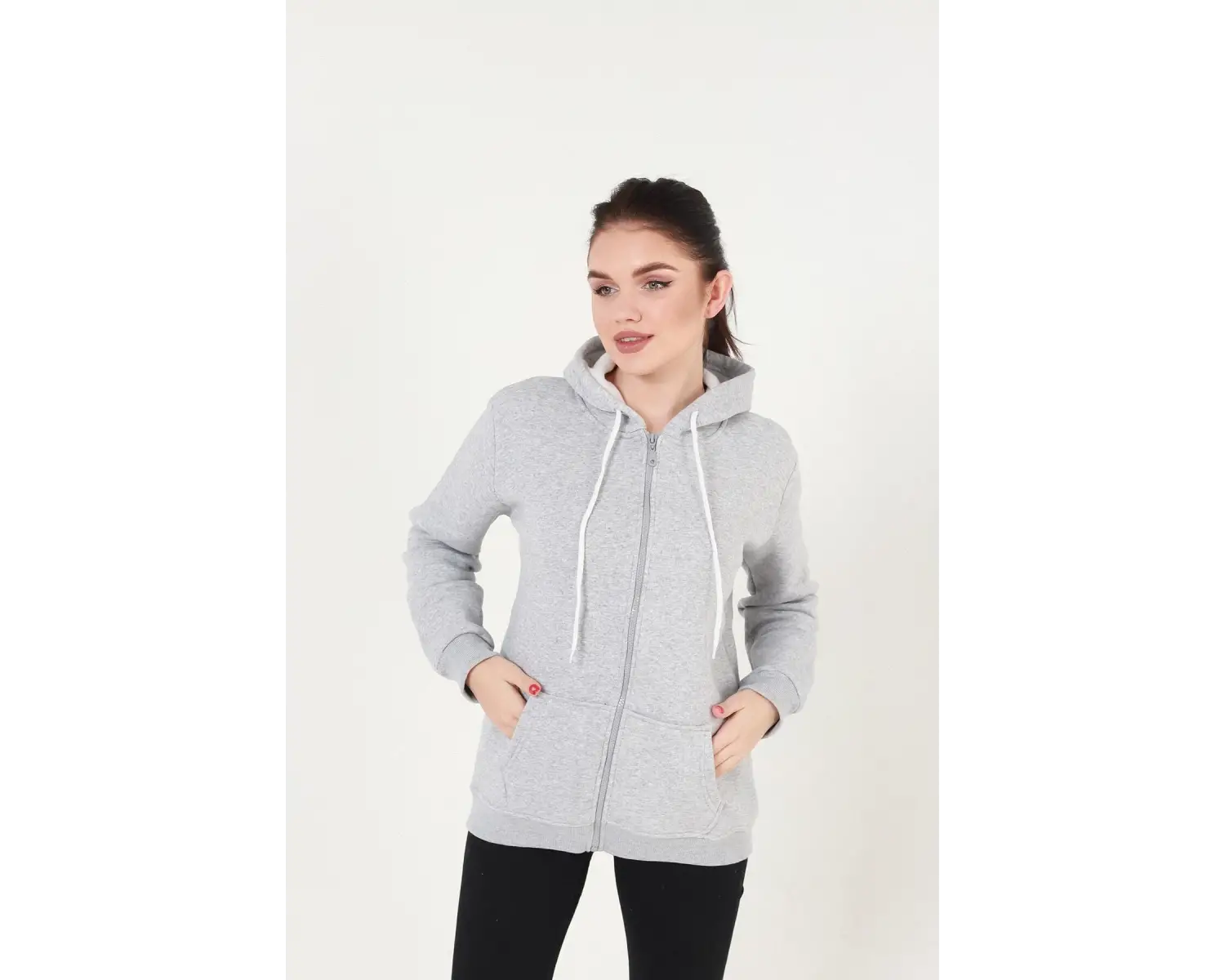 Gri Kapüşonlu Fermuarlı Sweatshirt