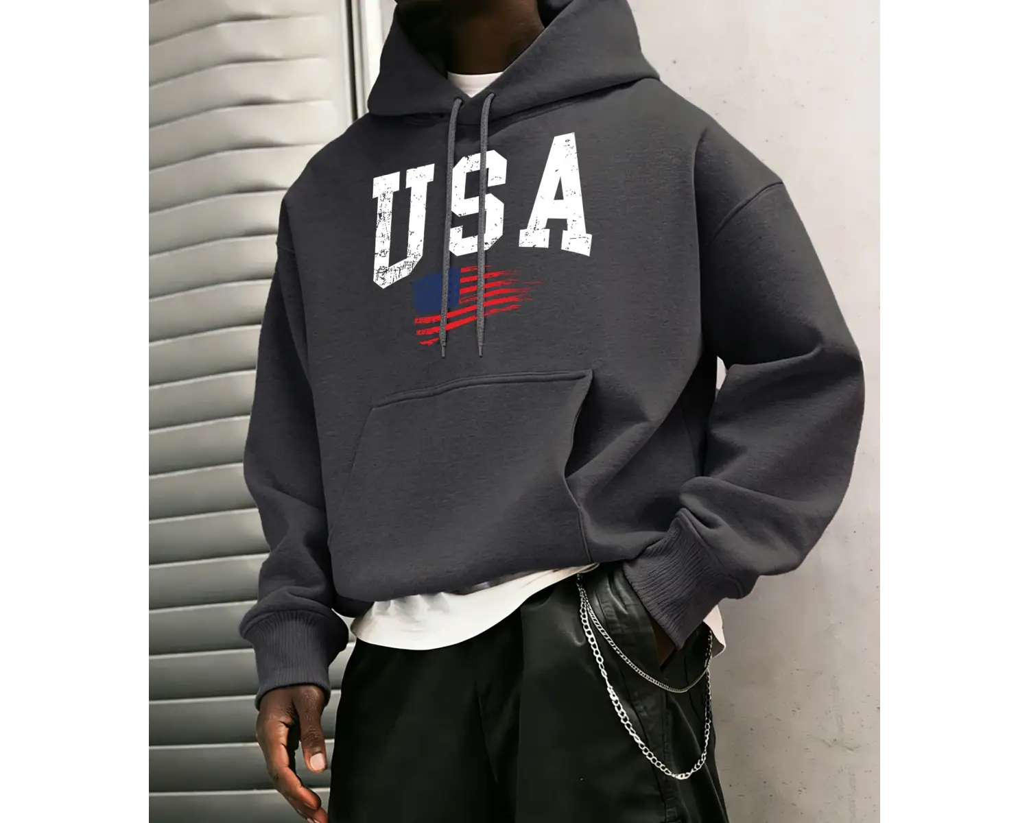 ABD Harfli Amerikan Bayrağı Baskılı Erkek Klasik Kapüşonlu Sokak Stili Günlük Polar Sweatshir