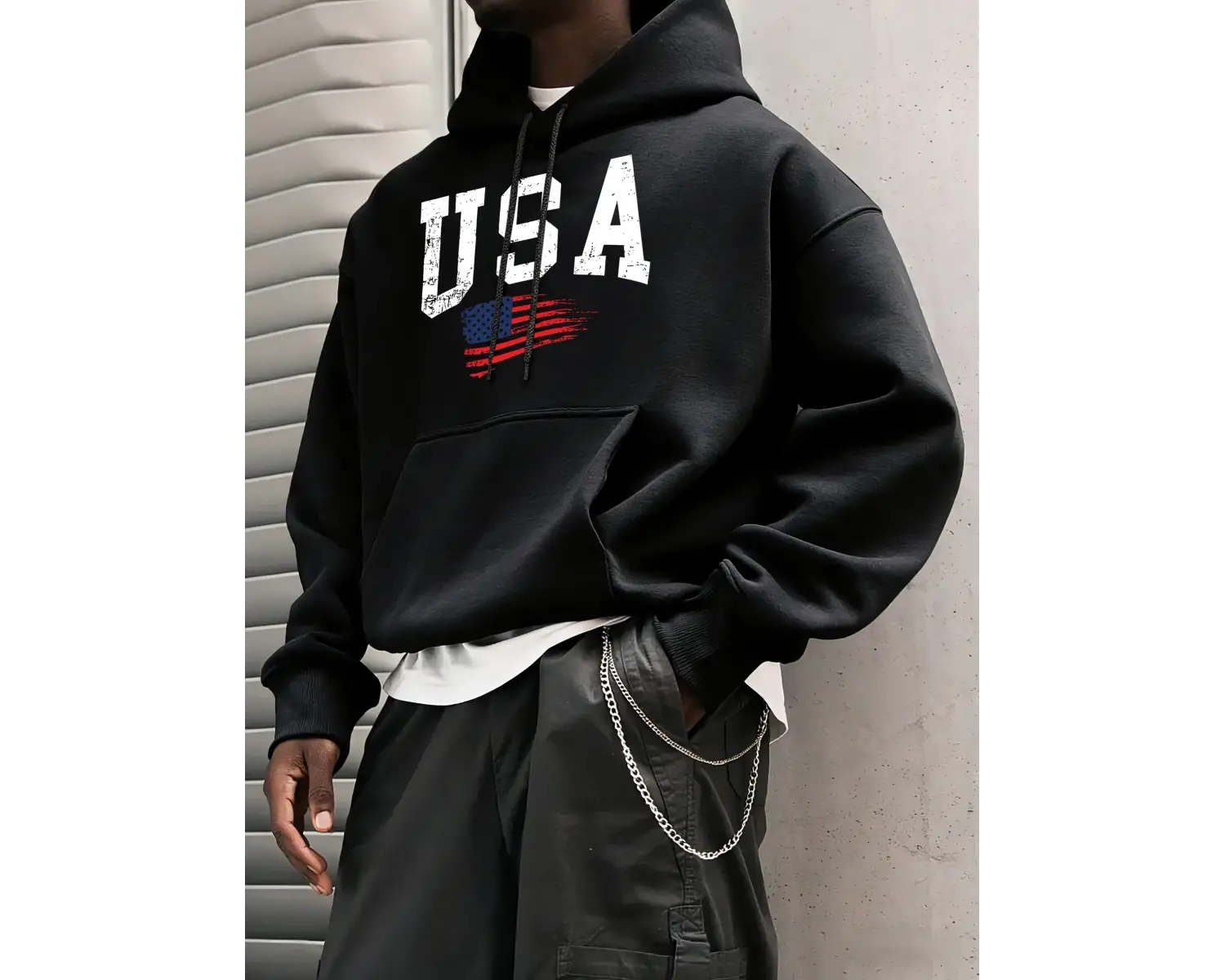 ABD Harfli Amerikan Bayrağı Baskılı Erkek Klasik Kapüşonlu Sokak Stili Günlük Polar Sweatshir