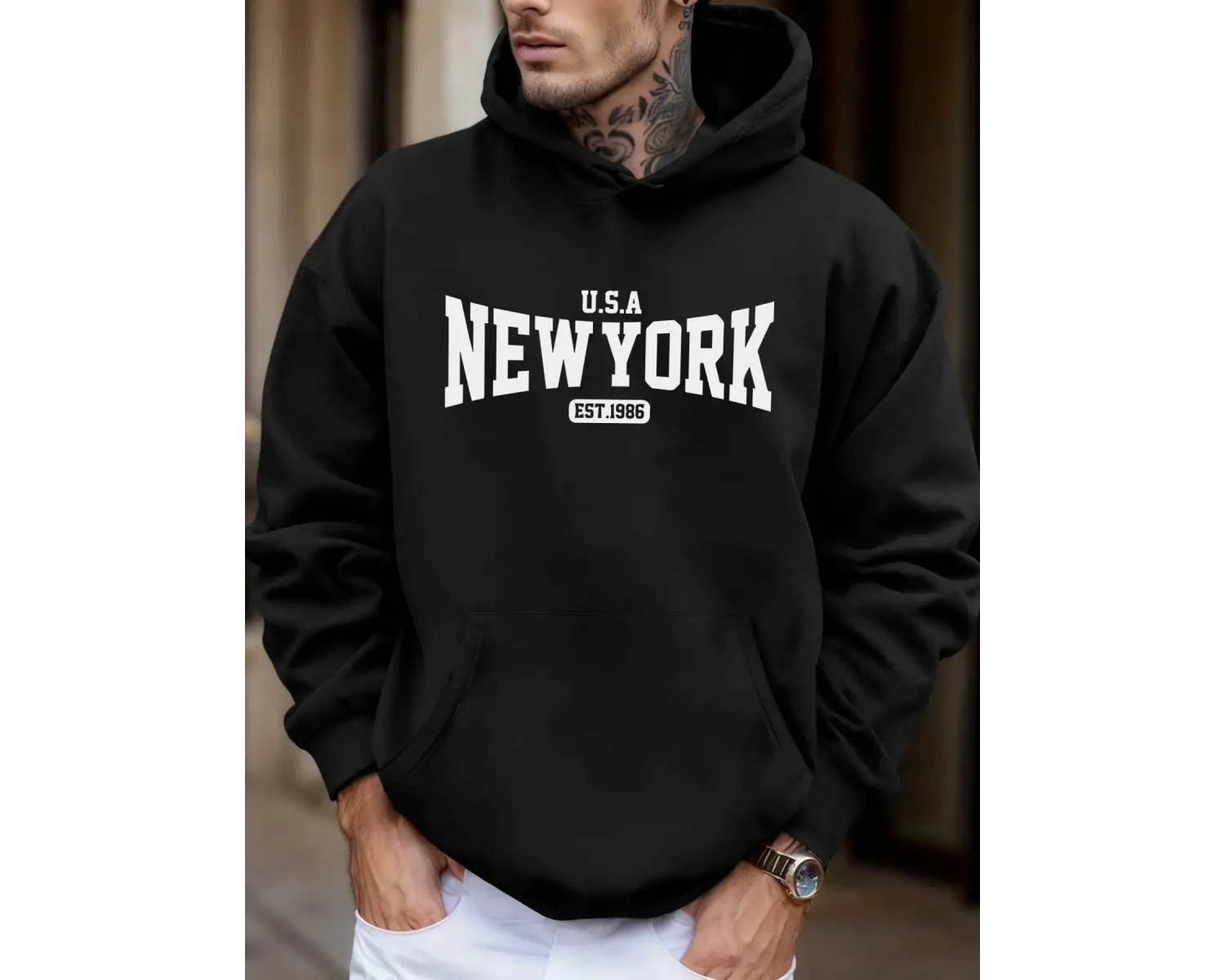 ABD New York Est 1986 Baskı Unisex Sonbahar Günlük Tişörtü Moda Cep Sokak Giyimi Polar Sokak