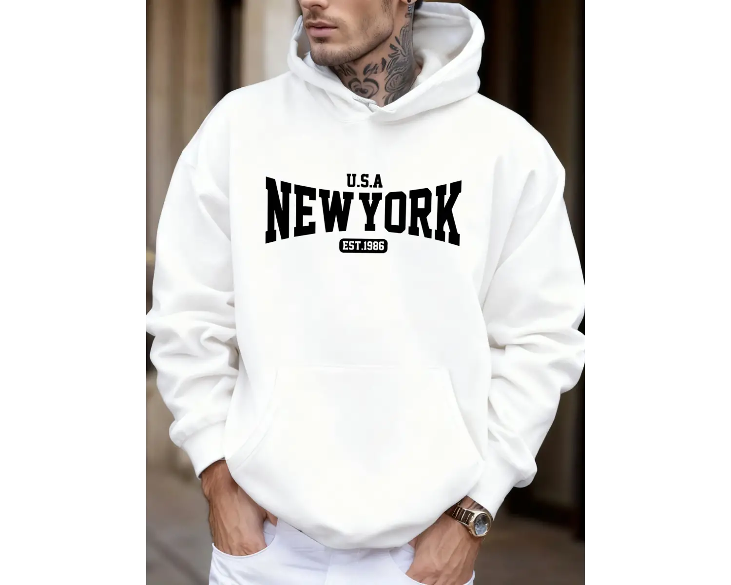 ABD New York Est 1986 Baskı Unisex Sonbahar Günlük Tişörtü Moda Cep Sokak Giyimi Polar Sokak