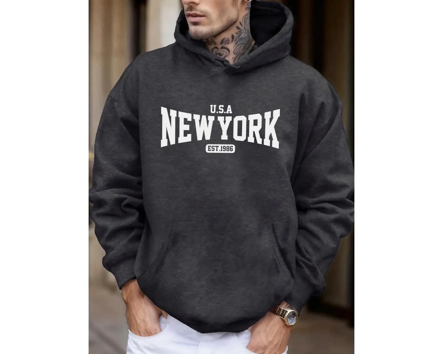 ABD New York Est 1986 Baskı Unisex Sonbahar Günlük Tişörtü Moda Cep Sokak Giyimi Polar Sokak