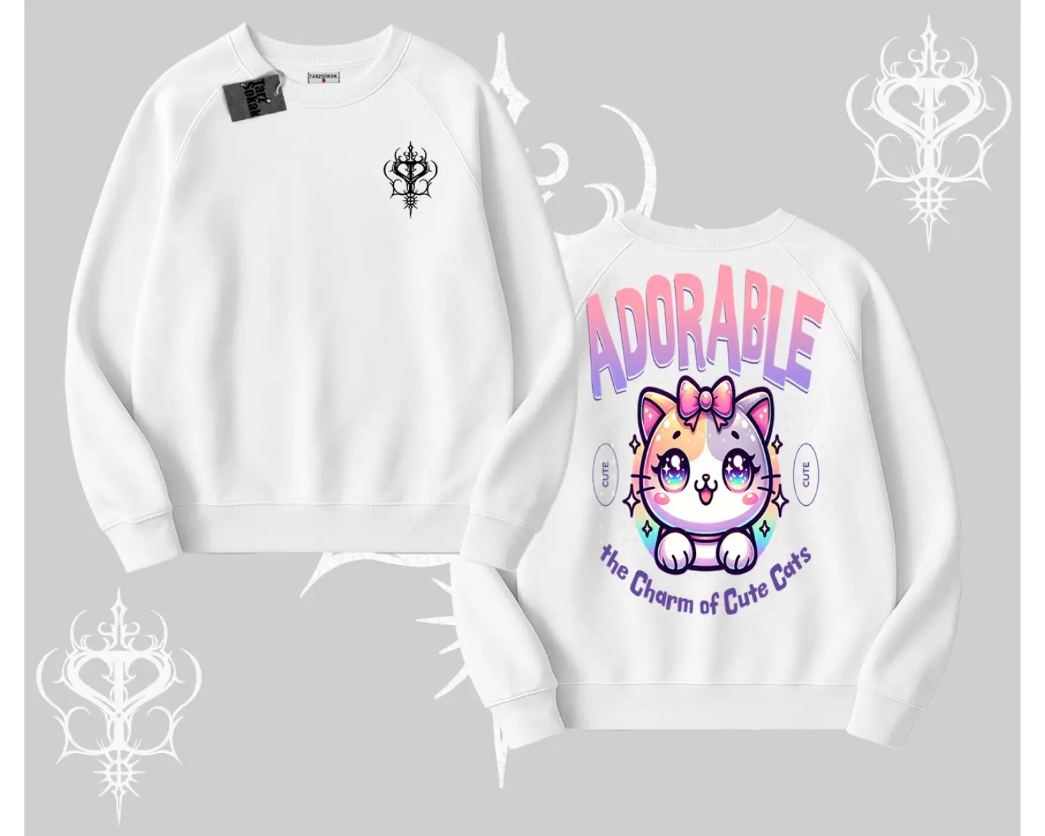 Adorable Kawaii Kedi Arka Baskılı Biskilet Sweatshirt